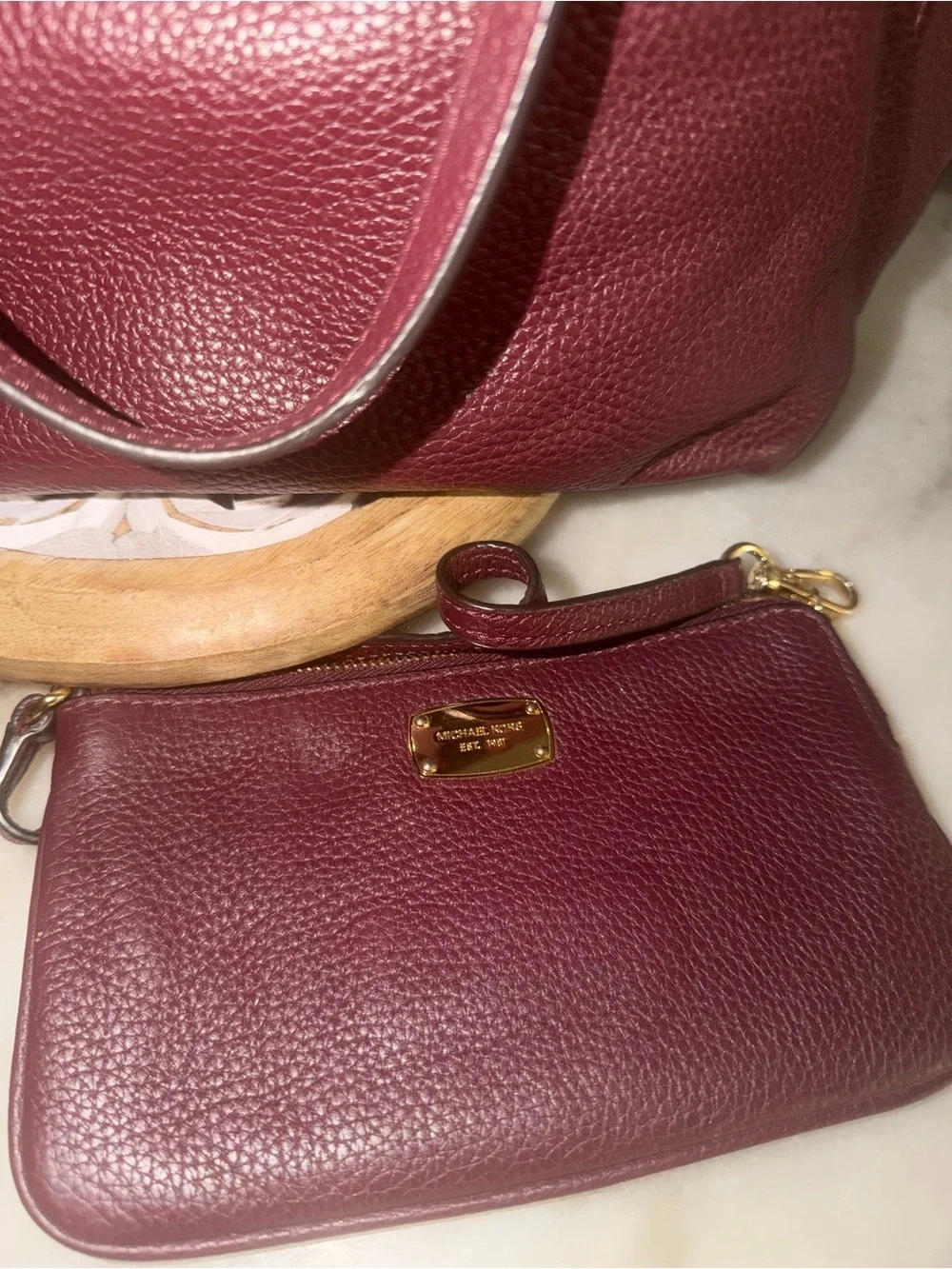 Michael Kors Harper Pebbled Leather Tote in Burgundy with Gold Chain
